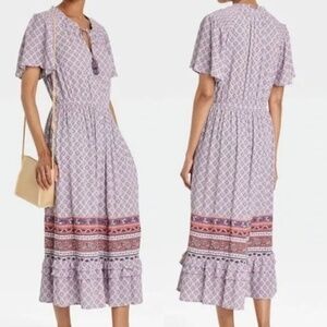 Knox Rose NWT Maxi Dress Purple Floral Tie Tassel Front Flutter‎ Sleeve Boho XXL